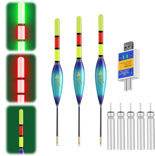 Hegawleo 3 Stück Led Posen Angeln Mit CR425 Batterie Ladegerät, Angelposen Mit Gravity Sensing Farbwechsel Und Kupferring, Angel Zubehör Zum Meeresfischerei Angeln Am See (4g+7g+9g)