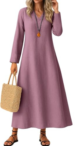 Générique Robe Longue Femme en Coton et Lin Couleur Autumn Casual Boho Col en V à Volants A-Line Manches Longues Robes pour Femmes Automne Vacances