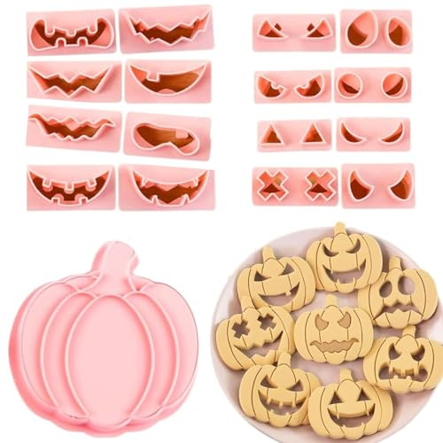 WUBAYI Juego de 10 cortadores de cara de calabaza, 2 cabezas de calabaza + 8 piezas para ojos/boca, plástico PP, lavado a mano, para galletas de Halloween