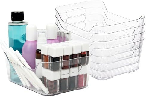 Amtido Clear Plastic Organiser Storage Small, 5 Pack (20.5 x 8 x 13.5 cm) – Durable, BPA-Free Fridge Organisers with Handles - Tray Storage for Kitchen, Fridge, Pantry, Bathroom, Office