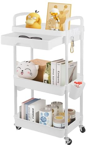 CROWNSHOP Beauty Trolley on Wheels - 3-Tier White Storage Trolley with Drawer- Kitchen Storage with Lockable Wheels | Plastic + Stainless Steel Mobile Organiser for Bathroom Office, 76x40x30cm