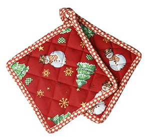 Brandani Natale tessile set 2 presine natalizie rosse Frosty con decori e bordo a quadretti della collezione Racconti 18x18 cm