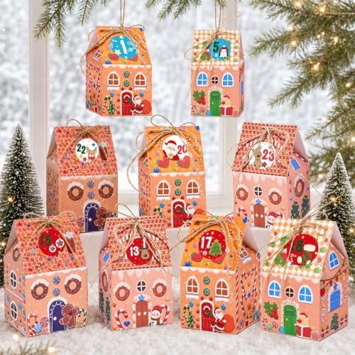 Geschenkboxen Weihnachten, Geschenkverpackung Weihnachten, 24 Häuser Adventskalender Zum Befüllen Kinder Erwachsene, Selber Befüllen Mit Zahlenaufklebern Und Juteschnur, Kleine Weihnachtsgeschenke