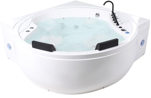 Bañera de hidromasaje esquinera luces LED altavoces Bluetooth puerto USB chorros de masaje reposacabezas 225 x 160 cm acrílico blanco Manresa