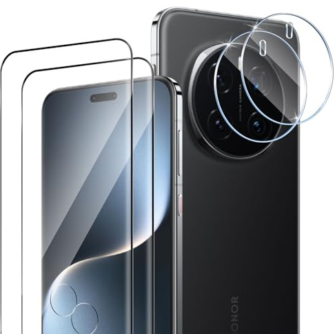 HidWee Cristal Templado Compatible con Honor Magic 7 Pro, 2 Pcs Protector de Pantalla [3D Cobertura Completa] + 2 Pcs Protector de Lente Cámara, 9H Dureza Anti-Arañazos Vidrio Templado
