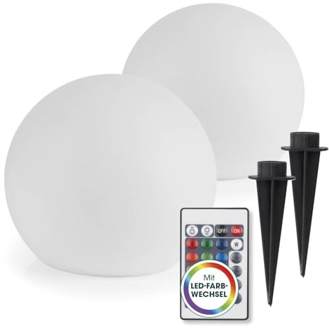 EASYmaxx LED Solarleuchte Kugel 20 cm | 2 x Solar Leuchte - stimmungsvoller Farbwechsel wunderschöne Lichteffekte In & Outdoor | Solarleuchte inklusive Fernbedienung | Solarleuchte LED + 5 Leuchtmodi