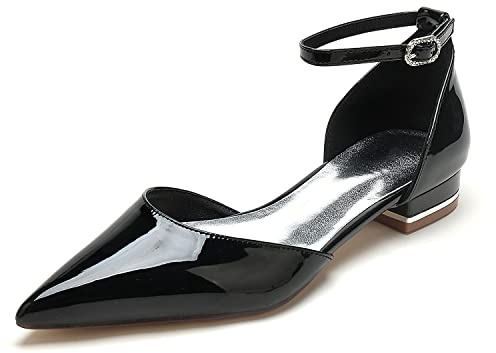 Yhsdfcn Ankle Strap D'Orsay Flats for Women Patent Leather Pointed Toe Slingback Sandals Ballerinas
