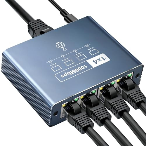Dictien LAN Switch 1 Auf 4 1000Mbps Ethernet Splitter 4 Port Aluminium | Gigabit Switch RJ45 mit USB-C-Netzkabel Netzwerk Verteiler für Computer, Router,Set-Top Box,Hub,Switch, Router, Digital TV,et
