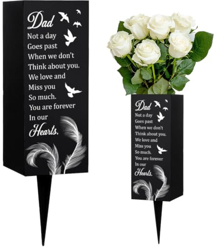 WEBEEDY Jarrones de cementerio con pinchos para papá, diseño de plumas de paloma blanca, soporte para flores para tumba, para cementerio, patio, decoración funeraria, regalos conmemorativos por la