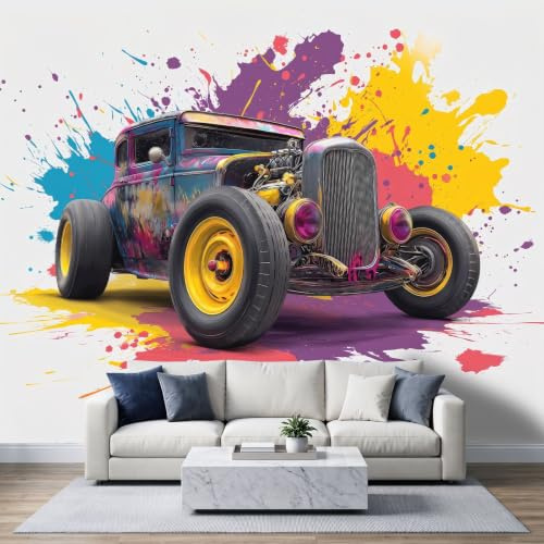 Papier peint photo intissé 300x210cm, Graffiti Rue Papier peint Panoramique de haute qualité, pour salon et chambre, Voiture Rétro Thème Garage Chambre Gaming revêtement mural