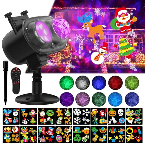 Slide Show LED Holiday Projector Outdoor, Waterproof 2-in-1 Ocean Wave Effect Christmas Projector Lights with 16 Slide Patterns & 10 Colors for House Garden Yard Xmas Decorations