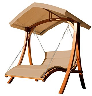 ALEOS. Hollywoodschaukelliege Aruba-BRAUN Doppelliege Hollywoodschaukel Gartenschaukel aus Holz Lärche mit Dach