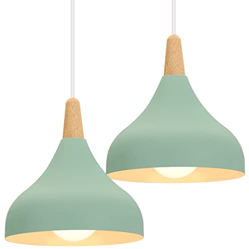 iDEGU Set of 2 Retro Pendant Ceiling Lights Modern Drop Style Hat Lampshade E27 Ceiling Light Retro Light Fixture in Metal Wood Pendant Lamp for Bedroom, Dining Room, Kitchen, Φ 20 cm (Green)