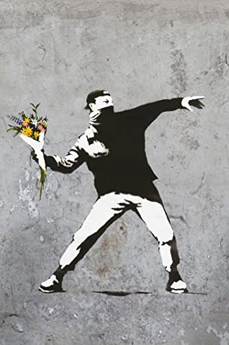 Banksy Bilder auf Leinwand - Blumenwerfer hochkant grau- Wandbild für zuhause, hochwertige Streetart graffiti Kunstdruck I Wanddekoration, XXl Leinwandbilder I fertig zum Aufhängen (40x60 cm)