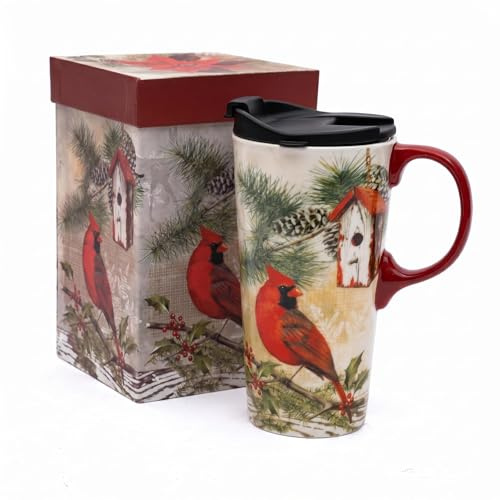 Topadorn Ceramic Travel Mug with Lid and Gift Box, 500ml/17oz Cardinal Bird Winter Pine & Holly Print Tall Cup for Coffee, Suitable for Home, Office or Commute