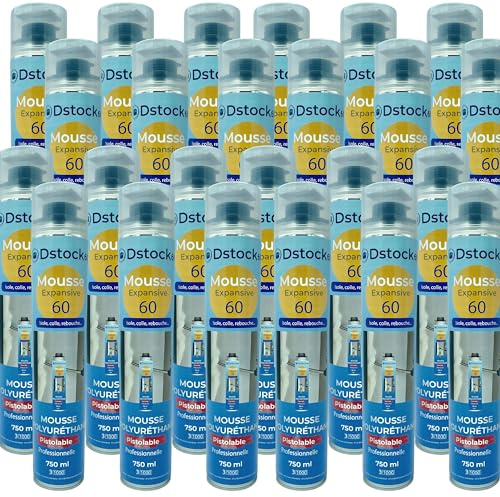 DSTOCK60 - Lot de 24 mousses expansives pistolables 750 ml - Mousse polyuréthane professionnelle - Isole, colle et rebouche - Mousse pistolable - Extérieur et intérieur