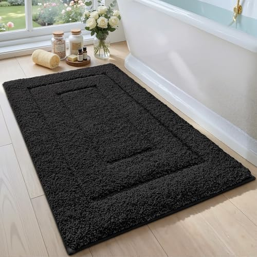 DEXI Halkfri Badmatta, Mjuk Mikrofiber Badrumsmatta, Vattenabsorberande, Maskintvättbar, Extra Tjock Duschmatta för Badrum, 40 x 60 cm, Svart | Superabsorberande badrumsmatta, maskintvättbar badmatta, tjock badrumsmatta för dusch, badkar och toalett