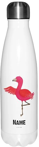 Mr. & Mrs. Panda Personalisierte Thermosflasche Flamingo Yoga - Geschenke, Aufgeregt, Namaste, Yogi, Baum, 1 Liter Personalisiert, 750ml Mit Namen, Doppelwandige Trinkflasche Gravur, Warmhalteflasche