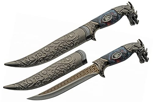 SZCO Supplies 211564 Fancy Roaring Dragon Medieval Dagger with Scabbard, 12 Length, Blue
