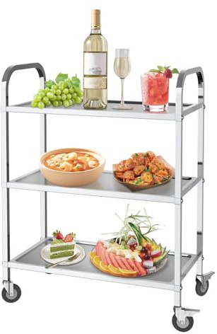 MOOTACO 3 Tier Stainless Steel Kitchen Trolley Cart,63x81x31cm Large Serving Trolley with Locking Wheels for Kitchen, Hotels, Restaurants