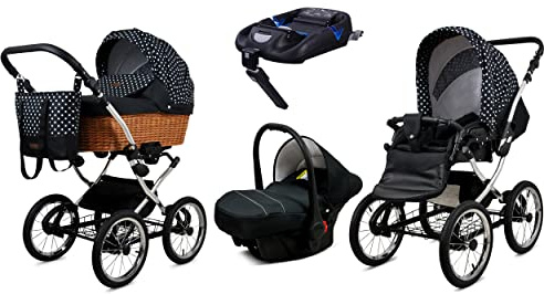 BabyLux Kinderwagen 4in1 mit Autositz für Kleinkinder – Kinderwagen für Neugeborene und Kleinkinder –– Baby Neugeborenen Kinderwagen – ISOFIX Autositzbasis – Max 15kg – White Dots Silver Frame