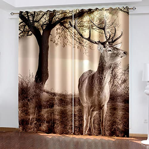 HOUKAI Vorhänge Kinderzimmer Blickdicht 3D Baum Hirsche Tier Dekor Schlafzimmer 220x210 cm Vorhang Ösenschal Verdunkelungsvorhang, Verdunkelungs Vorhänge Kinder, Digitaldruck Gardinen Wohnzimmer
