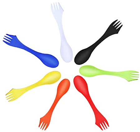 JEOPKO 7 Pack Plastic Spork, Portable and Reusable Camping Spork Lightweight and Strong Spork Plastic, Spoon Fork Knife Set Portable for Backpacking Hiking Outdoors(7color), Blue,green,orange,white