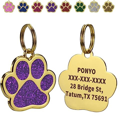 Olodeer Personalisierte Haustier-ID-Tags für Hunde und Katzen, Benutzerdefinierte gravierte Haustier-Informationen, Zink-Legierung geschnitten Gold Pfote geformt Hundehalsband ID-Tag. (Lila)