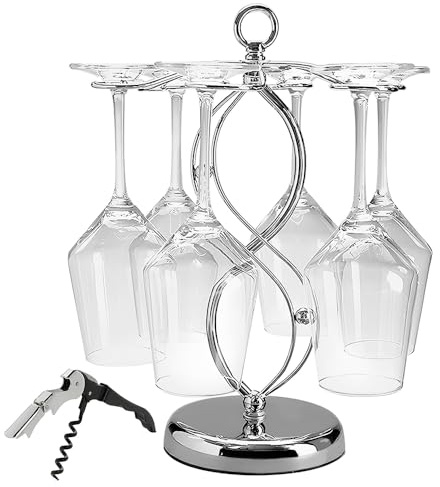 CXRYLZ Wine Glass Holder with Wine Opener, Elegant Silver Champagne Wine Glass Drying Rack 6 Hooks Stand Hanger with 1pcs Bottle Corkscrew Keys for Bar Servers Supplies Home Kitchenware