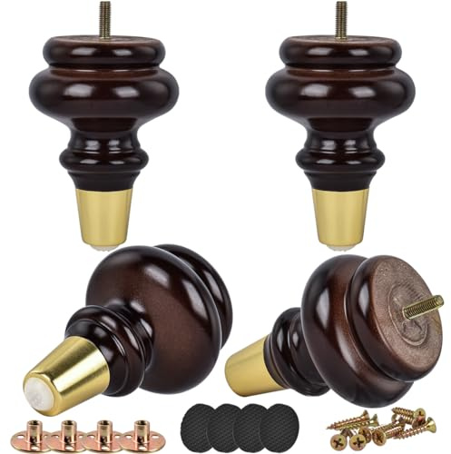 Btowin 6 Inch / 15cm Solid Wood Furniture Legs, 4Pcs Mid-Century Modern Walnut Turned Wooden Bun Feet with Threaded M8 Hanger Bolts & Mounting Plate & Screws for Sofa Couch Cabinet Armchair Recliner