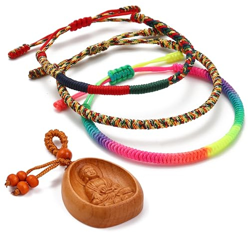 LUCKY BUDDHIST - 3 tibetanska lyckliga armband + buddhistisk gåva! - Handgjorda. Justerbar till din handled. För män och kvinnor. Vänskapsarmband av flätat tyg