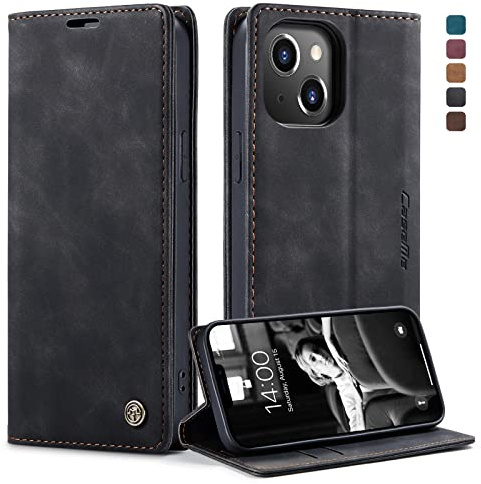 owlhold Handyhülle für iPhone 13 Hülle, Premium Lederhülle Weiches Vintage-Nubukleder Faltbare Ständer Klapphülle Kartenfach Standfunktion stoßfest Schutzhülle für iPhone 13 -Schwarz