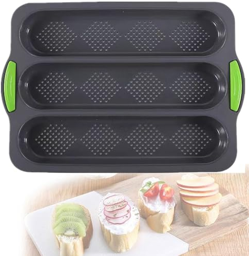 TUHNHGD Molde para panecillos para hornear pan, bandeja para baguette, pan largo, con tres ranuras para hornear en casa (verde)