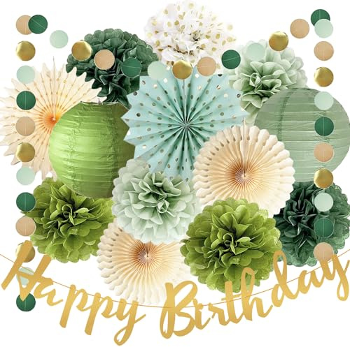 Olive Salbeigrün Party Dekoration - Seidenpapier Pom Poms Blumen, Papierfächer, Kreis Punkt Girlanden für Geburtstag - Olivgrün Neutral Dekorationen für Frauen