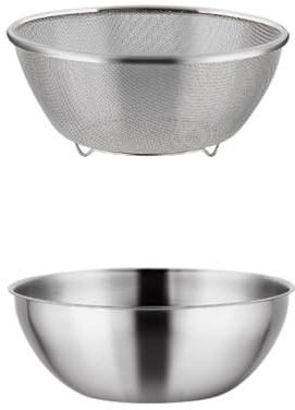 SPXTOM Scolapasta in Acciaio Inox con Ciotola, Arrotondato, cestello scolapasta a Doppio Strato, cestello scolapasta con Vasca, for Pasta, Spaghetti, Frutti di Bosco, insalate(28cm)