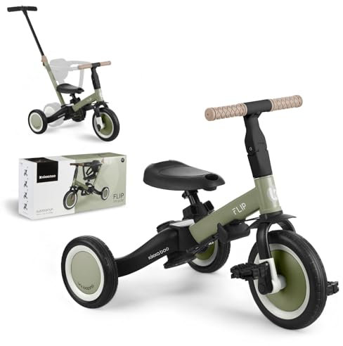 KikkaBoo FLIP Dreirad ab 1 Jahr mit Schubstange - Bis zu 5 Jahre, Laufrad 5-in-1, Umwandelbares Kinderdreirad zum Laufrad mit oder ohne Pedale, verstellbar und umbaubar, Armeegrün