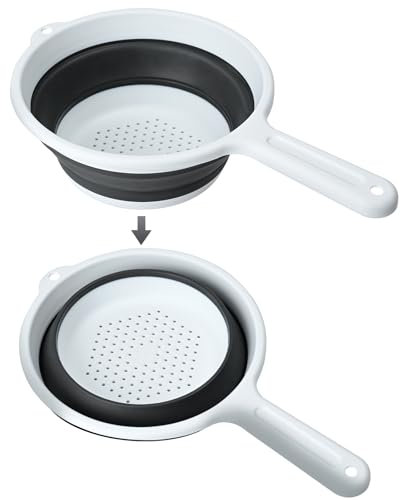 4UBonLife Coladores de Silicona Plegable con mango, Coladores Cocina, Colador de Fideos Plegable, Silicona y Plástico Cesta de Filtro de Cocina que Ahorra Espacio, Blanco Gris