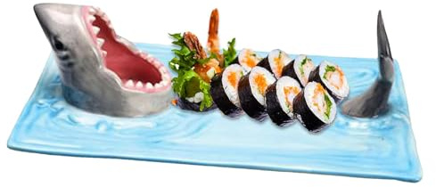 Zibeem Shark Sushi Plate, Ceramic Shark Shape Sushi Plate,Rectangle Cake Snack Cheese Board,Creativity Shark Dipping Plate with Soy Sauce Holder,Table Kitchen Decoration