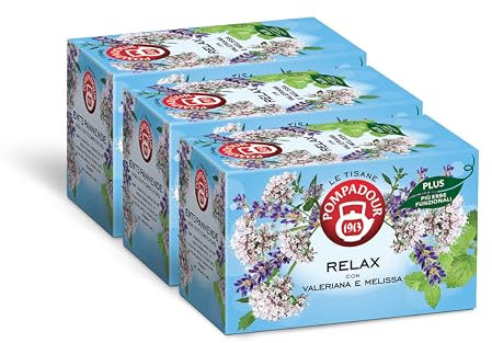 Pompadour, Tisana Relax Plus con Valeriana e Melissa, 54 Filtri (3 Confezioni da 18 Filtri), Favorisce un ottimo Rilassamento Fisico e Mentale, Senza Lattosio, Glutine e Allergeni, Vegan