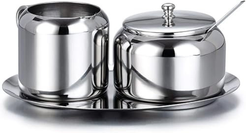 ZHZXBDGQ Azucarero de acero inoxidable, juego de leche y azúcar, pequeño tarro de azúcar con bandeja de cuchara y cuchara de azúcar para casa, cocina, hotel y cafeterías, color plateado