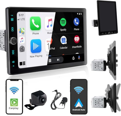 Alondy Single Din Car Stereo with Touchscreen (10.4 Rotatable) Compatible with [Wireless] Apple CarPlay/Android Auto Bluetooth AM/FM/RDS Radio USB AUX SD Backup Camera Mic