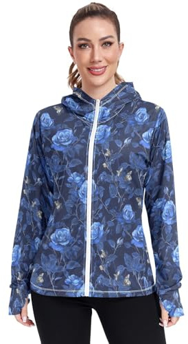 EtherSpher Unique Rose Royal Blue - Felpa con cappuccio da donna a maniche lunghe, protezione solare UPF 50+, felpa con cappuccio, giacca leggera, per escursioni all'aperto, prestazioni blusas para
