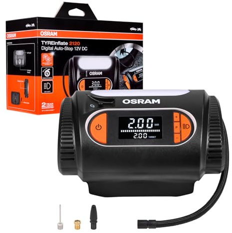 OSRAM TYREinflate 2120, ampio display digitale, funzione di arresto automatico programmabile, cavo di alimentazione a carica manuale con spina 12V DC con fusibile, gonfiaggio pneumatici in 3,5 minuti