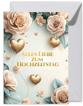 WBdesignz Jahrestag Karte mit Umschlag - “Alles Liebe zum Hochzeitstag” Geschenkkarte Jubiläum Ehe Partnerschaft Beziehung Liebe Rose Gold Herz Glückwunschkarte Hochzeitstag Ehepaar (XXL DIN A4)
