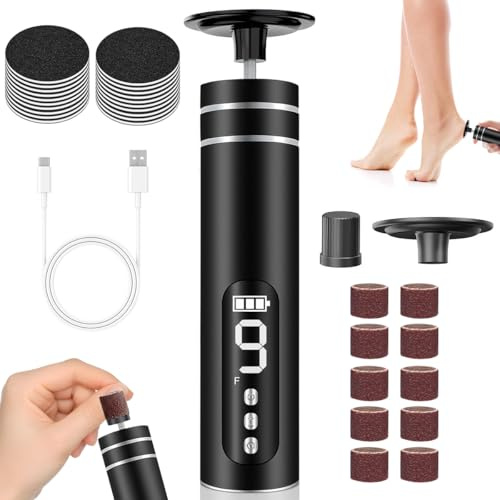Pedicure Elettrico 2-in-1 – Dermaglide Raspa Piedi Professionale con 20 Dischetti Abrasivi e 10 Anelli – Pedicure Ricaricabile con 8 Velocità per Rimozione Calli Piedi e Cura Unghie