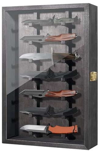 AGJIDSO Pocket Knife Display Case, Knife Display Case for Wall, Solid Wood Knife Case for Collections, Pocket Knife Organizer with Lock, Black