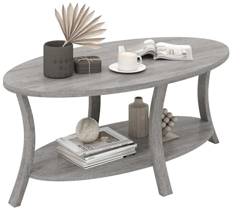 COSTWAY 2-Tier Oval Coffee Table with Storage Shelf, Solid Rubber Wood Cocktail Center Table, Farmhouse Rustic Accent Sofa Side Tea Tables for Living Room Office, Grey