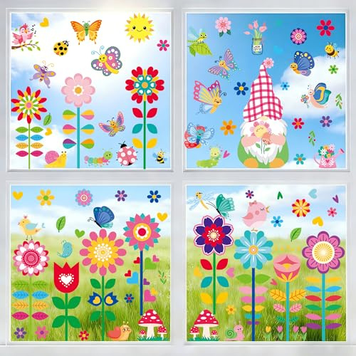 Kangtaixin Fensterbilder Blumen Selbstklebend – 112 Stück Schmetterling Fensteraufkleber – Fenstersticker Bunt für Kinder & Erwachsene – Wiederverwendbar – Frühling Sommer Kinderzimmer Fenster Deko
