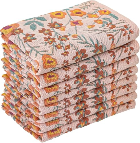 HOORDRY Premium Frühling Küchentücher 8er Set 100% Baumwolle | Super Saugfähig Dekorative Geschirrtücher,Hochsaugfähige Geschirrhandtücher mit Aufhängeschlaufen Blumenmuster – 41x39 CM