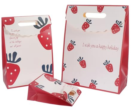 Garneck 3 Stück Papiertüten mit Henkel Erdbeer Motiv Kleine bis Große Geschenkbeutel aus Papier Faltbare Verpackungstaschen für Valentinstag Geburtstage Feiern und Reisen